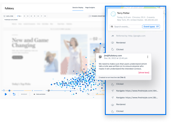 How a stream of actions shows up in FullStory's Session Replay feature.