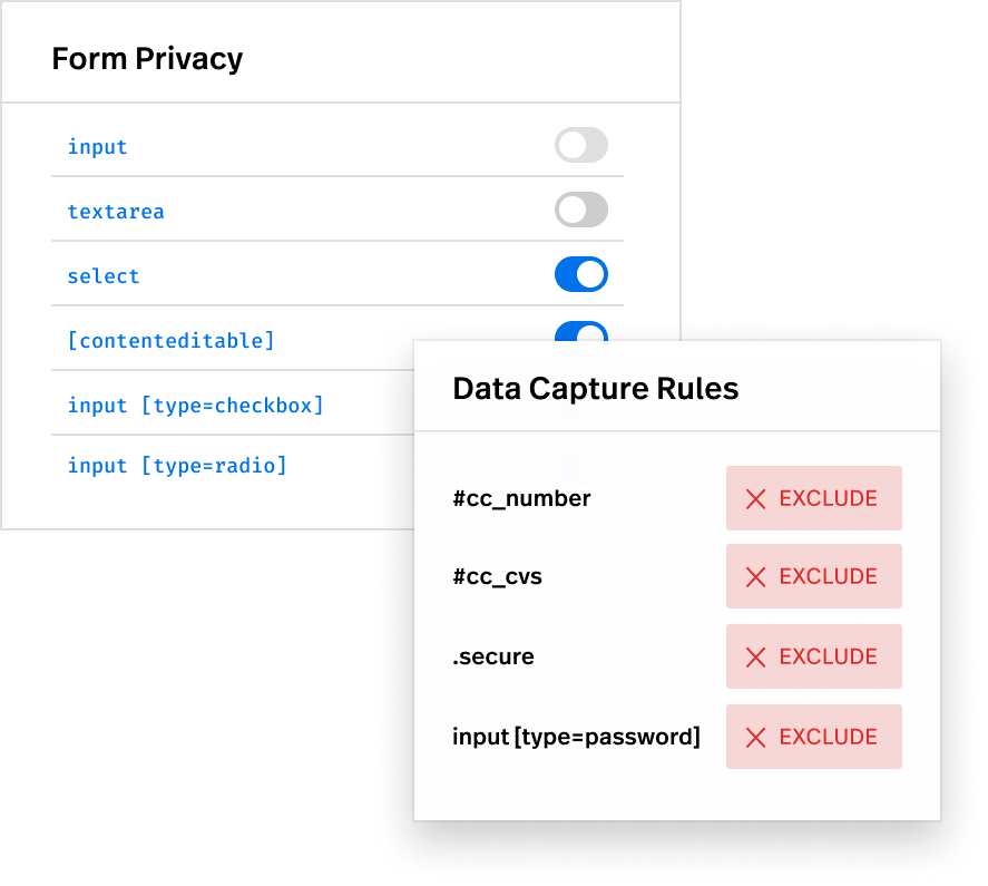 How data capture rules and settings look in FullStory.