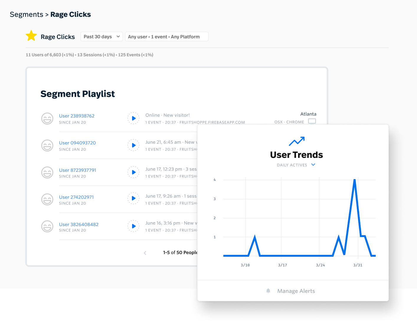 Segment playlists and user trends in the FullStory app