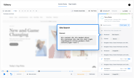 How site search looks in FullStory's Session Replay.